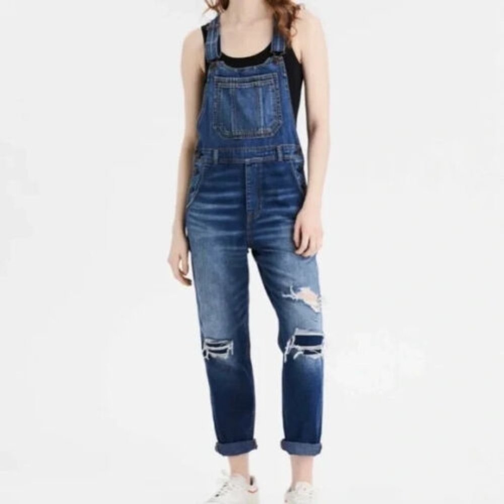American Eagle 90s Boyfriend Denim Overalls Women's XS Distressed Utility